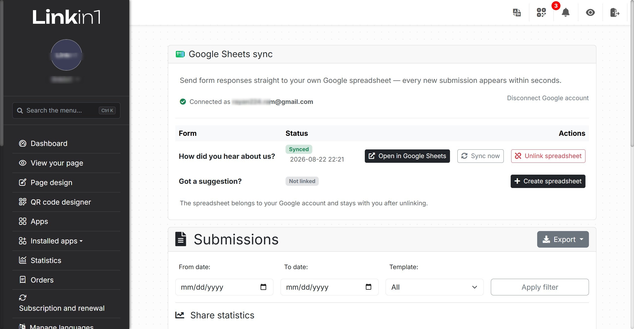 Tarjeta de sincronización con Google Sheets en la página de respuestas de formularios de Linkin1