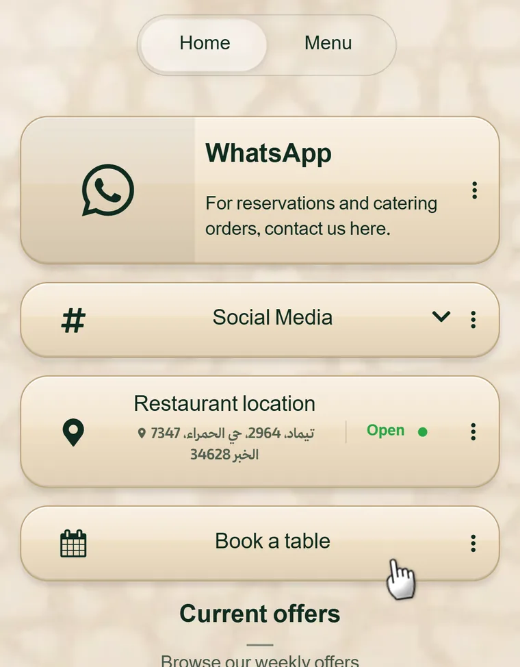 A Book a table button on a restaurant page in Linkin1 — restaurant booking software
