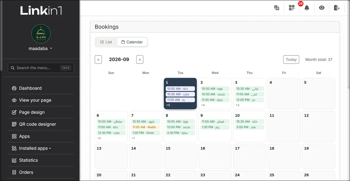The Linkin1 bookings dashboard — a monthly calendar for managing bookings and appointments