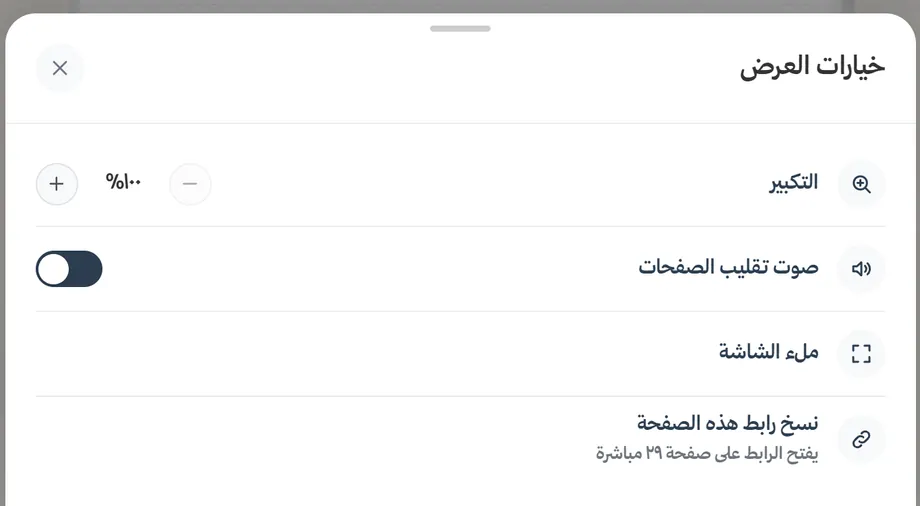 نافذة «خيارات العرض»: التكبير وصوت التقليب وملء الشاشة ونسخ رابط الصفحة