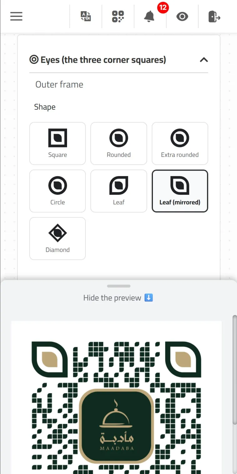 Choosing eye shapes in the QR code designer on mobile with a live preview