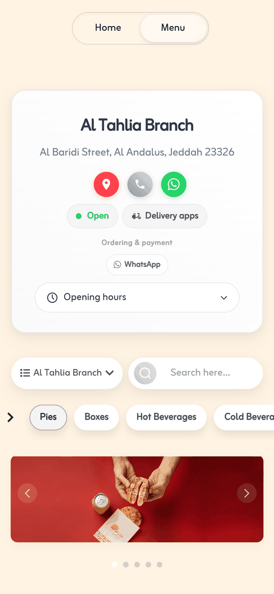 A restaurant branch page with hours, contact buttons and menu search