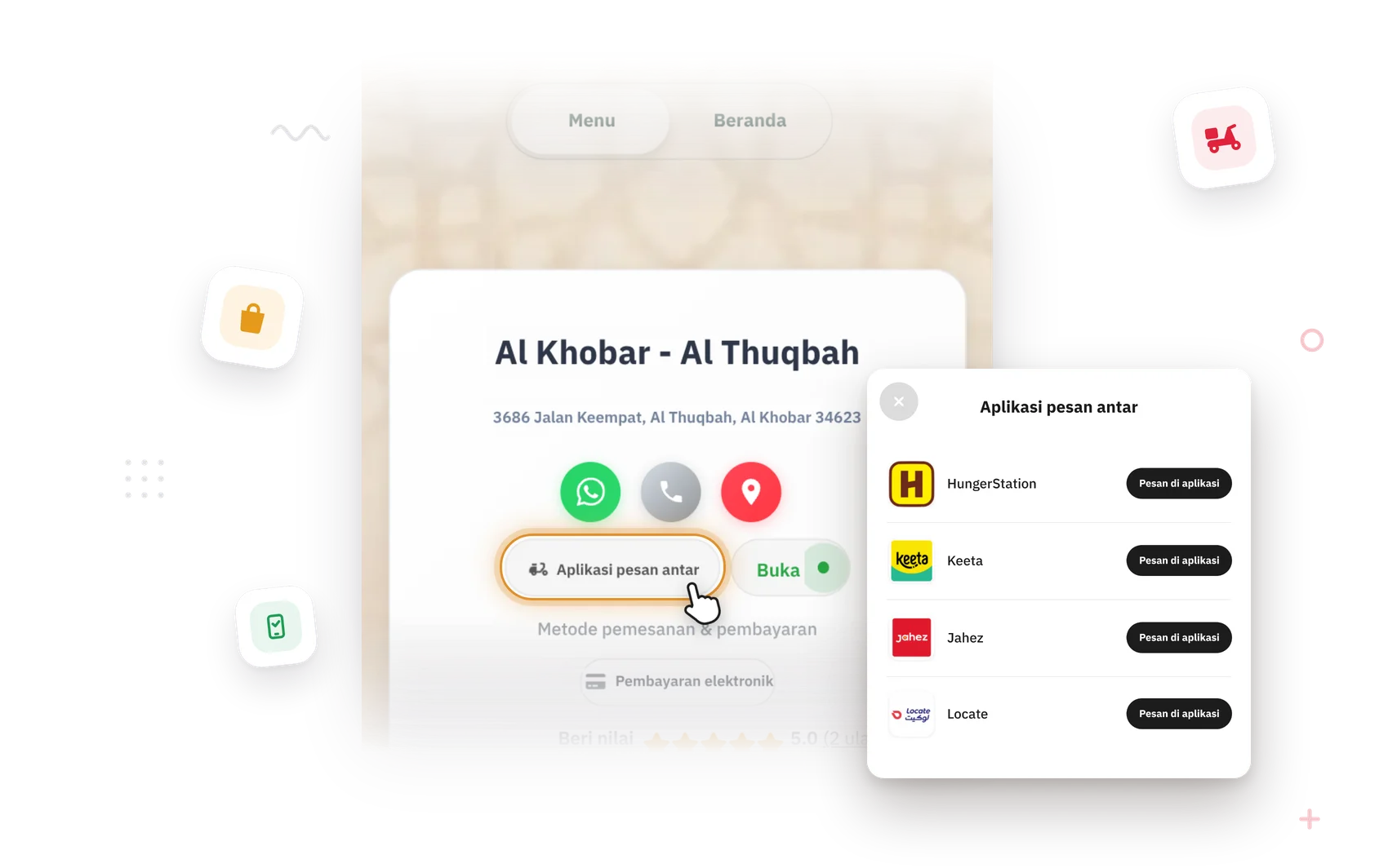 Tautan aplikasi pesan antar di dalam menu digital