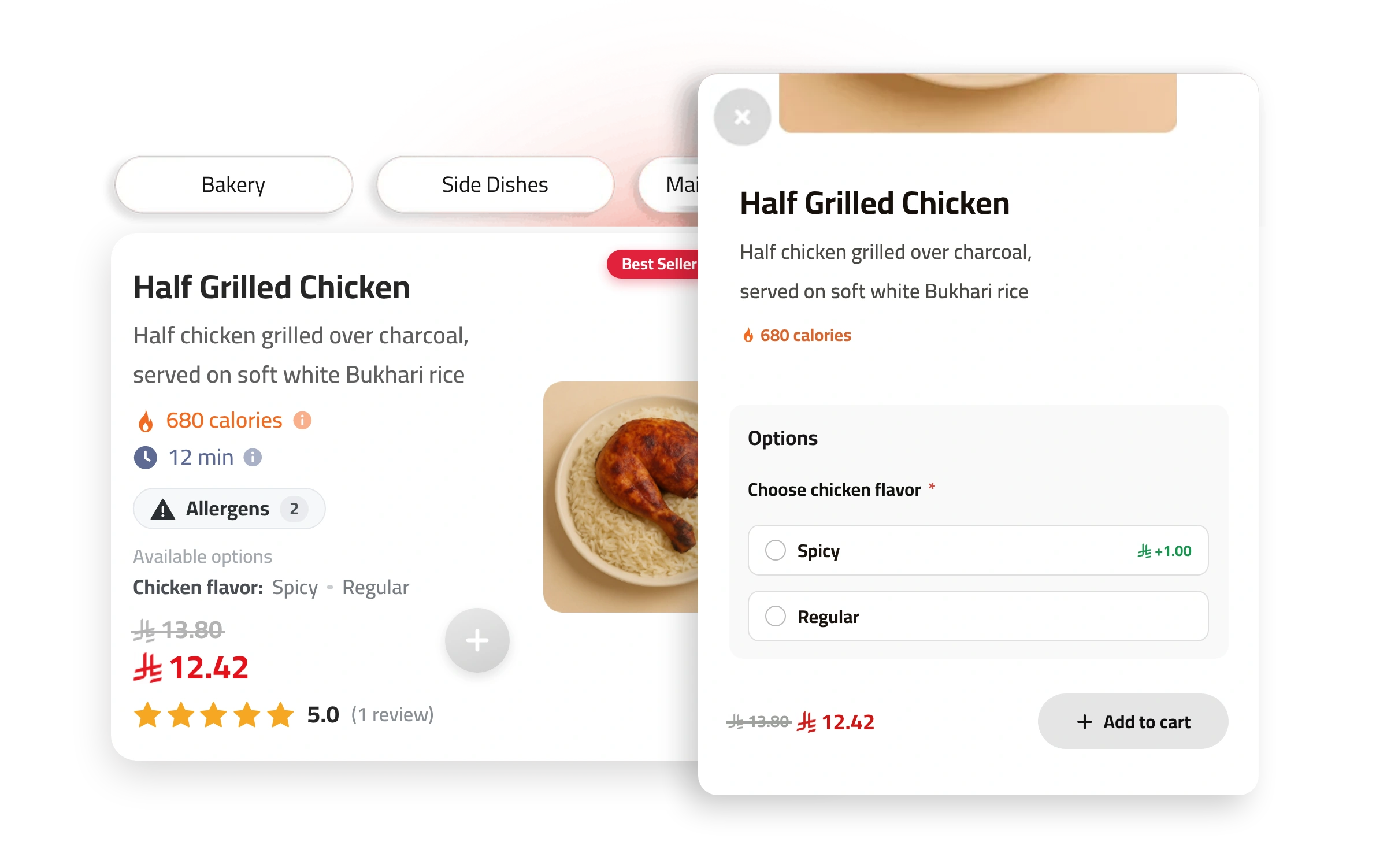Items, options, badges and calorie features
