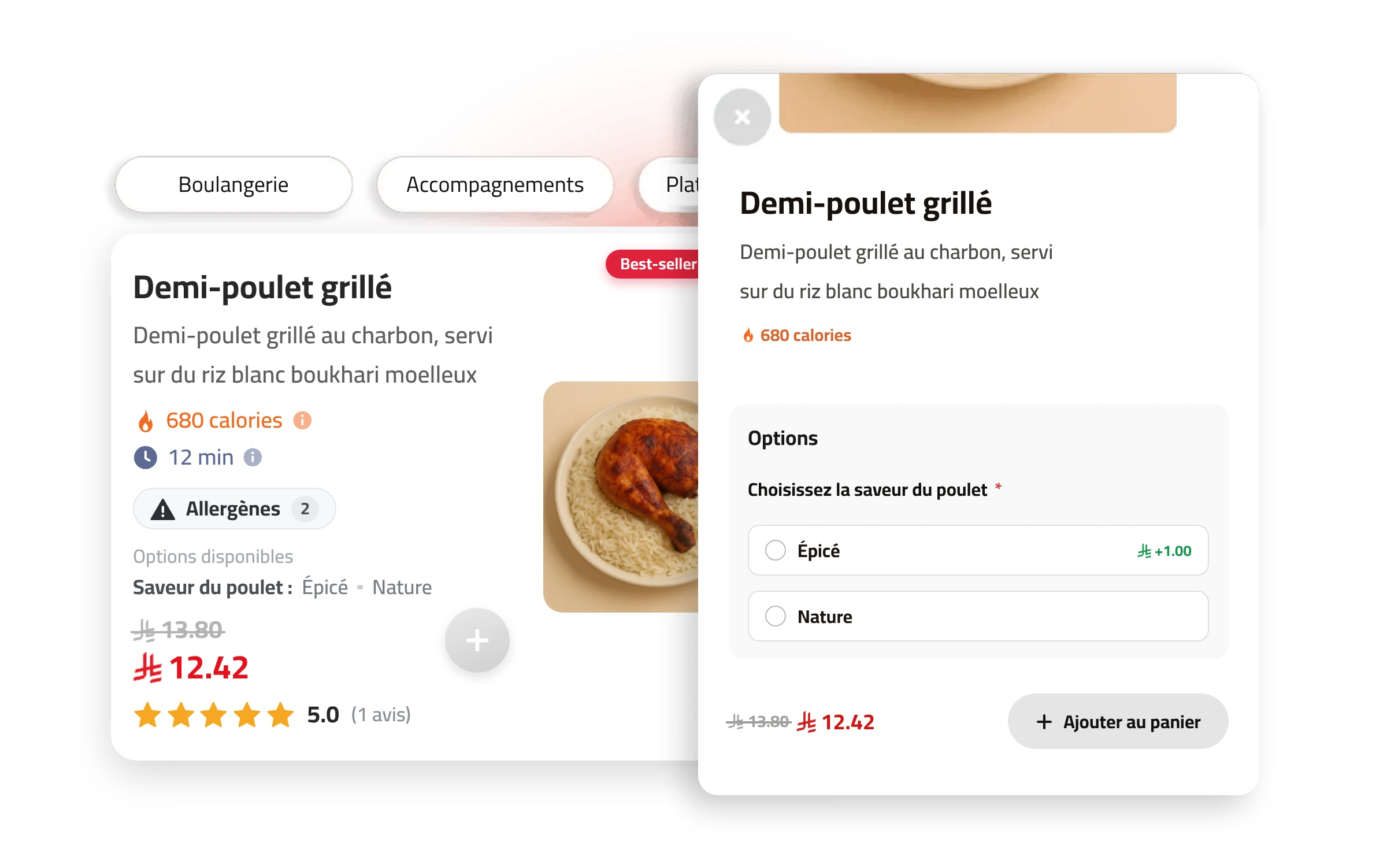 Fonctionnalités d’articles, options, badges et calories