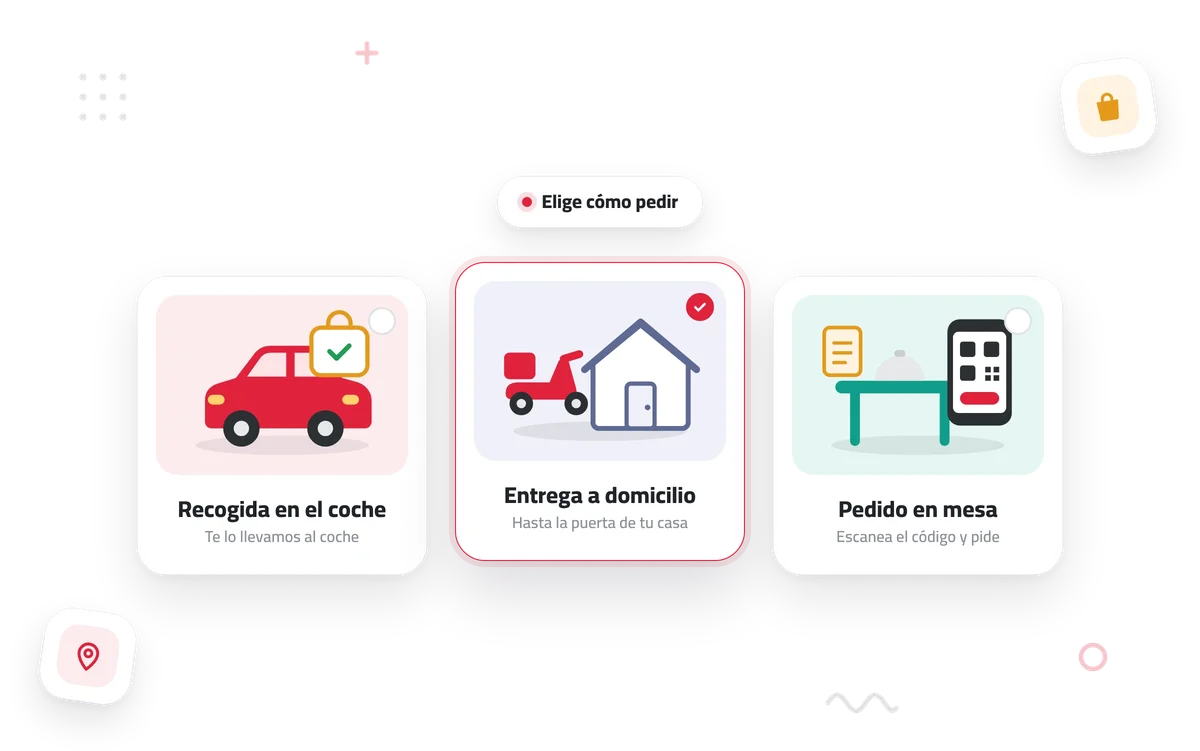 Elegir cómo pedir: en el local, a domicilio o recogida en el coche