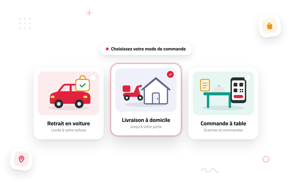 Choix du mode de commande : sur place, livraison à domicile ou retrait en voiture