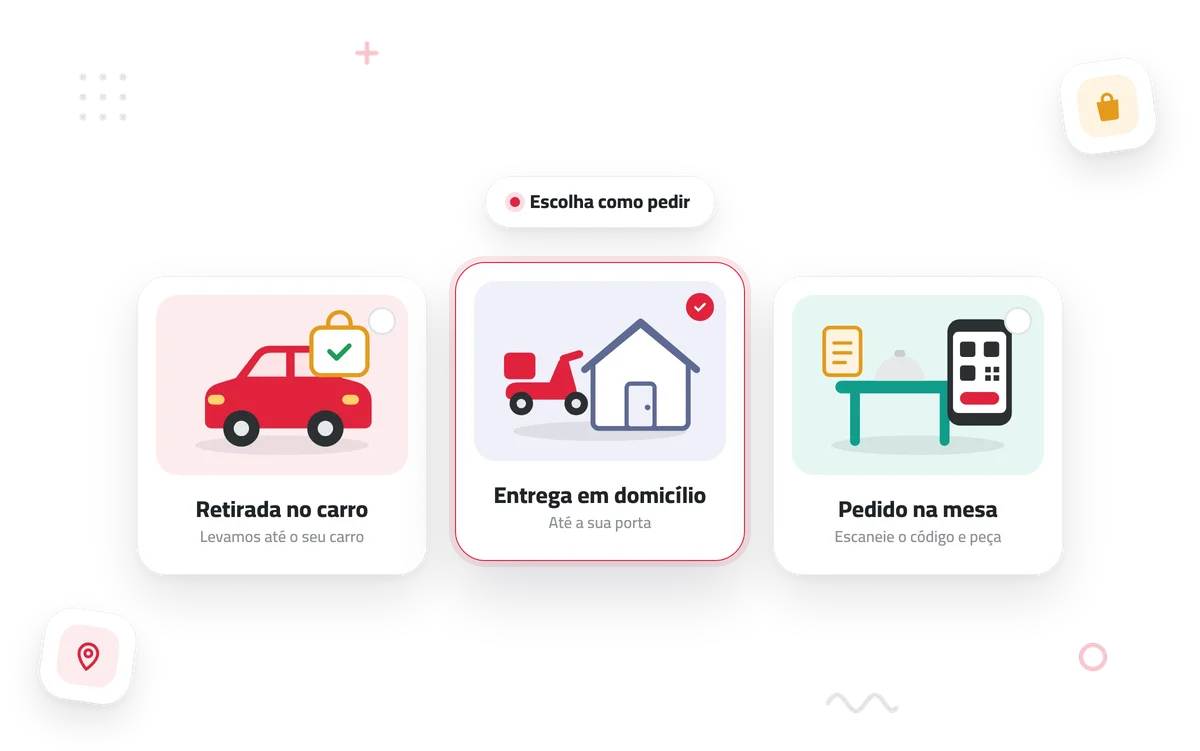 Escolha da forma de pedido: no local, entrega em casa ou retirada no carro