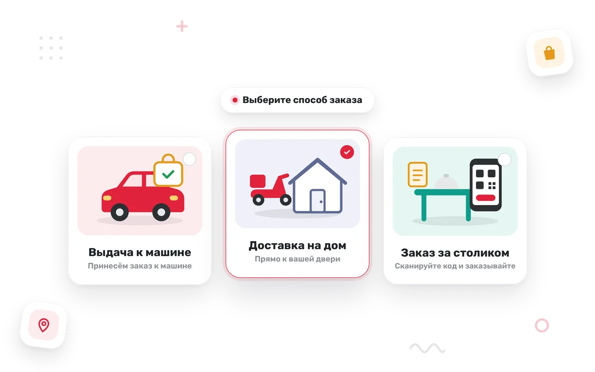 Выбор способа заказа: в зале, доставка домой или выдача к машине