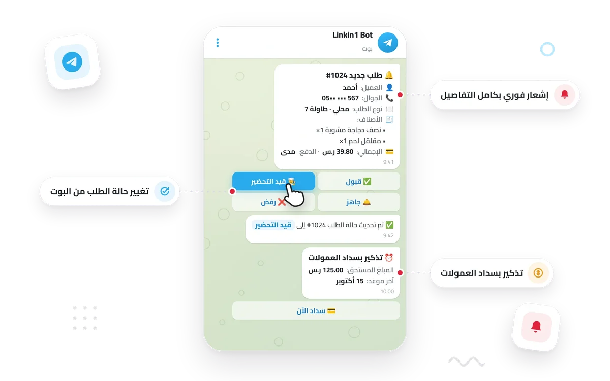 بوت تيليجرام يعرض طلبًا جديدًا مع أزرار القبول والتحضير والرفض