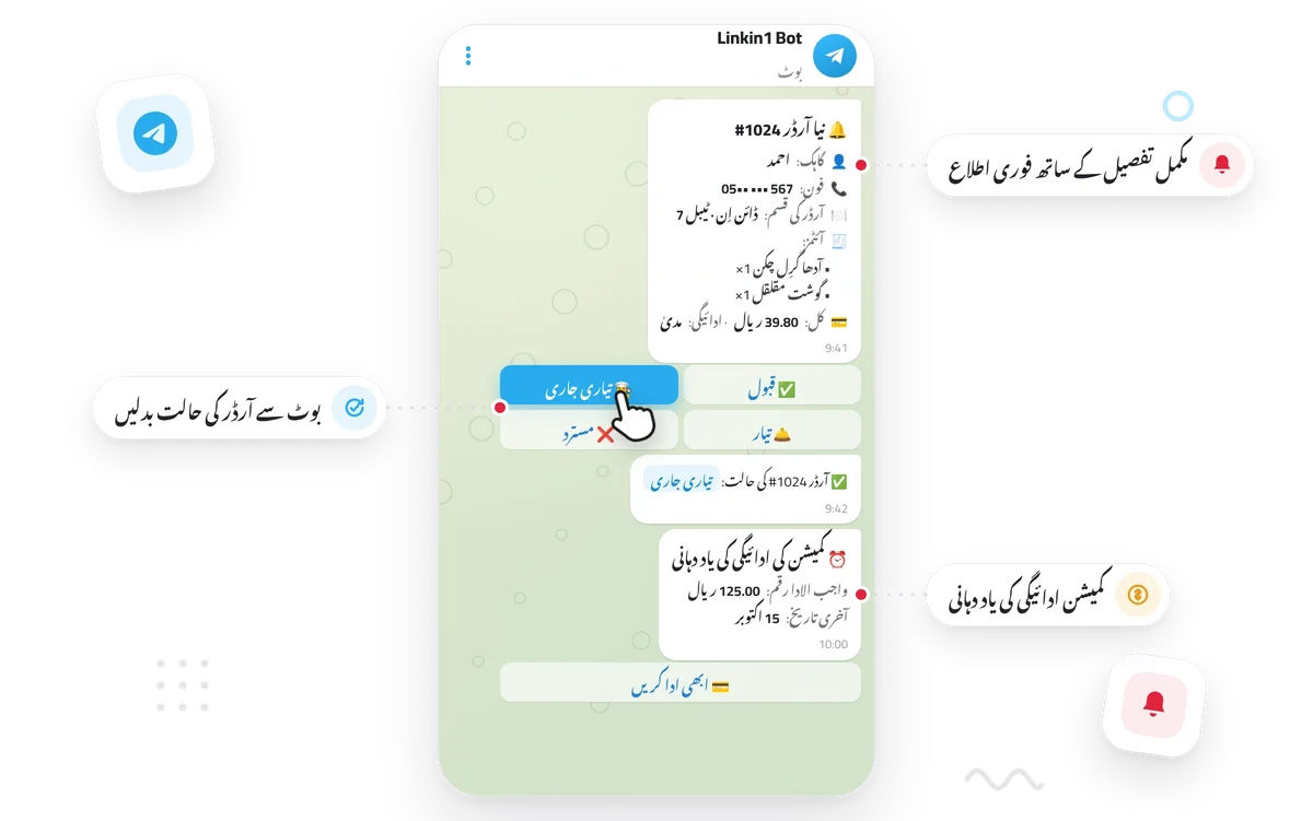 Telegram بوٹ میں نیا آرڈر، قبول، تیاری اور مسترد کے بٹنوں کے ساتھ