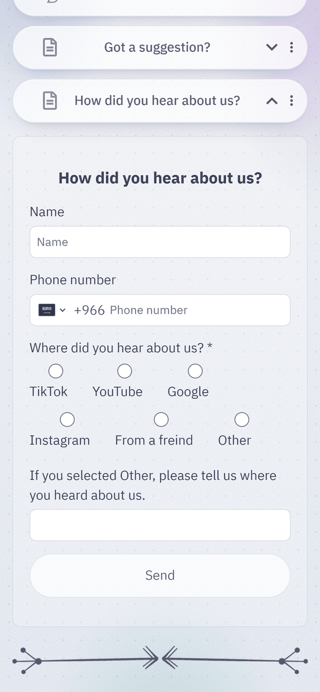 A form on a Linkin1 page collecting a name, a phone number and an answer, with a send button