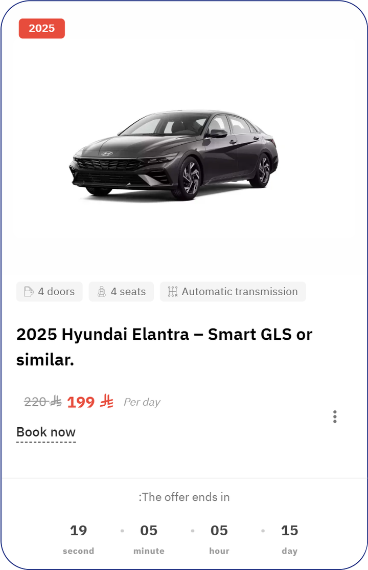 A product card with the photo across the top: a year badge, spec tags, the title, the old price struck through beside the offer price, a Book now button, and a countdown to the end of the offer