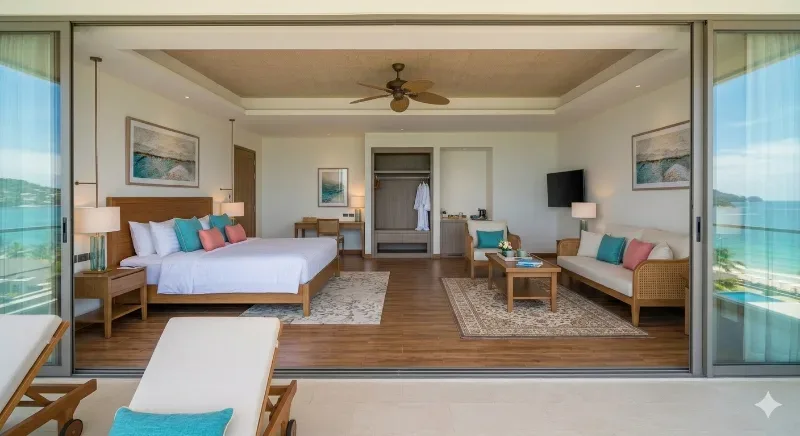Bright luxury suite in a beach resort overlooking the ocean