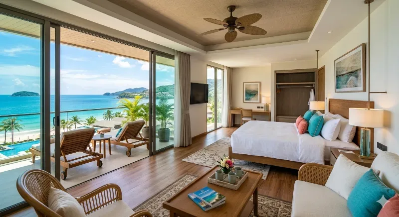 Bright luxury suite in a beach resort overlooking the ocean